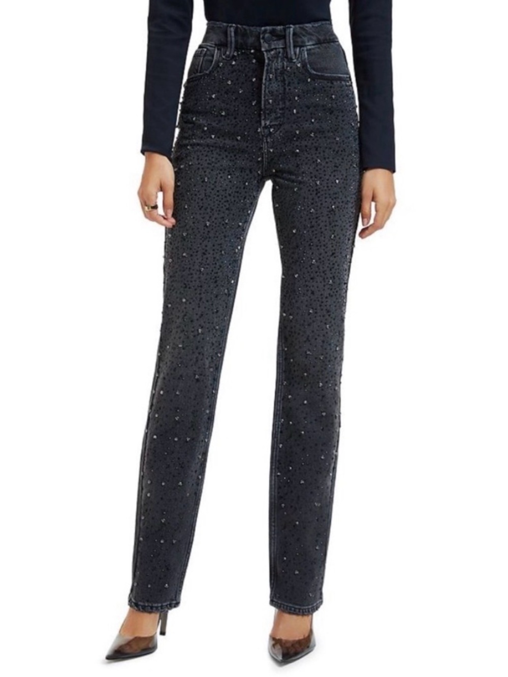 Good American High-Rise Black Straight-Leg Jeans with Subtle Embellishment